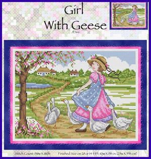 Girl with Geese Cross Stitch Pattern