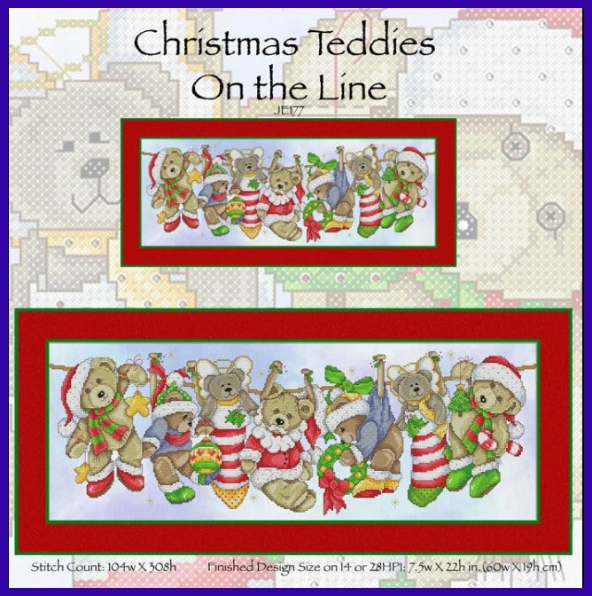 Christmas Teddies on the Line Cross Stitch Pattern