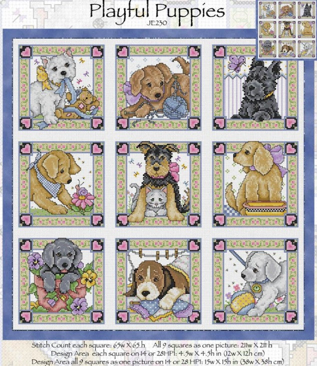 Nine Playful Puppies Cross Stitch Pattern