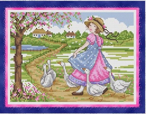 Girl with Geese Cross Stitch Pattern