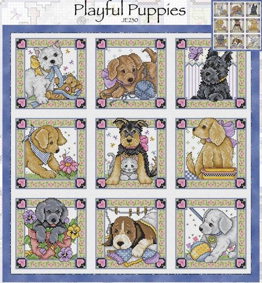 Nine Playful Puppies Cross Stitch Pattern